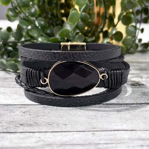 Black Faceted Stone & Gold Leather Wrap Bracelet
