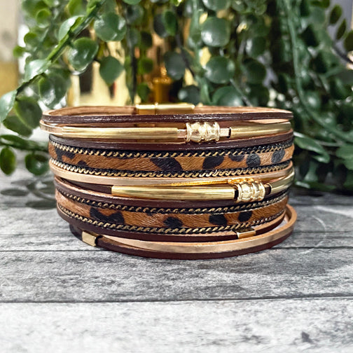 Brown Leopard Layered Leather Wrap Gold Bracelet