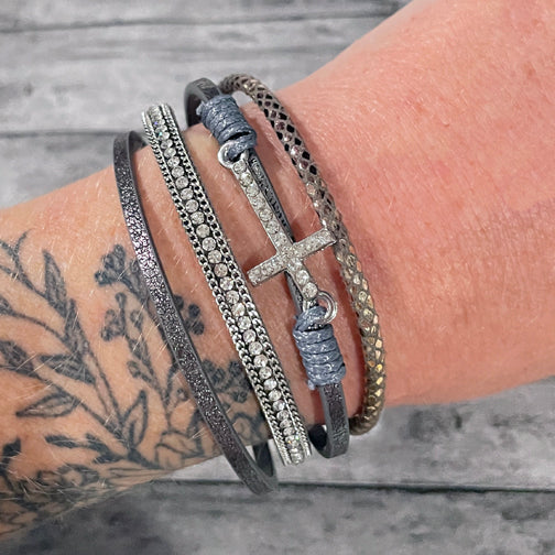 Crystal Cross Metallic Gray Silver Leather Wrap Bracelet - FENNO