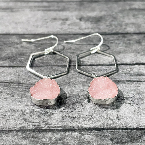 Silver Hexagon Pink Druzy Earrings | Geometric Earrings | Druzy Earrings | Megan Fenno | FENNO FASHION