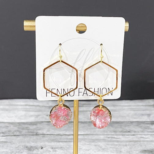 Gold Hexagon Oval Druzy Earrings (4 COLOR OPTIONS) - FENNO FASHION