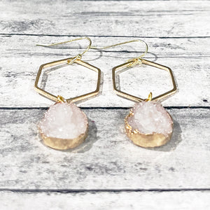 Gold Hexagon Druzy Stone Earrings | Druzy Earrings | Geometric Earrings | Megan Fenno | FENNO FASHION