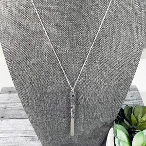 Black and Gray Marble Pendant Necklace | Silver Long Bar Necklace | FENNO FASHION | Megan Fenno