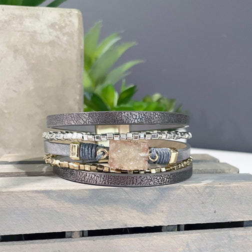 Metallic & Gray Rectangle Druzy Leather Wrap Bracelet