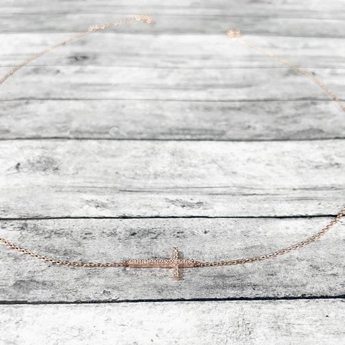 Crystal Sideways Cross Dainty Necklace (ROSE GOLD, GOLD OR SILVER