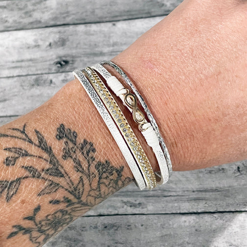 Gold Infinity Charm Leather Wrap Bracelet (GOLD-TONED, BLACK OR WHITE)
