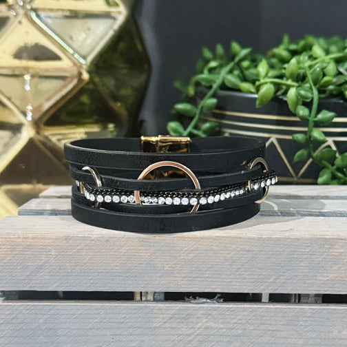 Black Leather Wrap Bracelet | Gold Magnetic Clasp Bracelet | FENNO FASHION