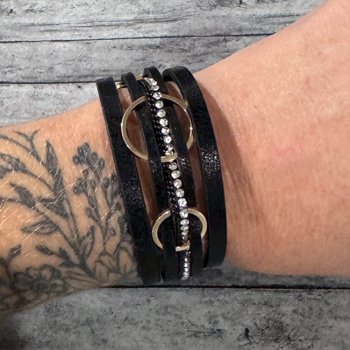 Black Leather Wrap Bracelet | Gold Magnetic Clasp Bracelet | FENNO FASHION