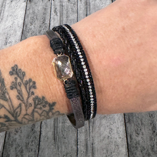 Black and Gray Leather Wrap Bracelet | Gold Magnetic Clasp Bracelet | FENNO FASHION