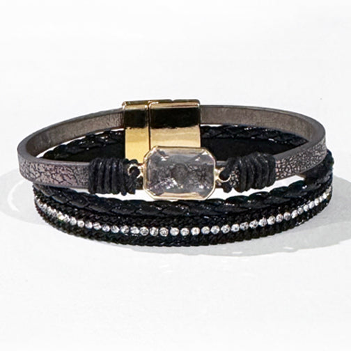 Black and Gray Leather Wrap Bracelet | Gold Magnetic Clasp Bracelet | FENNO FASHION