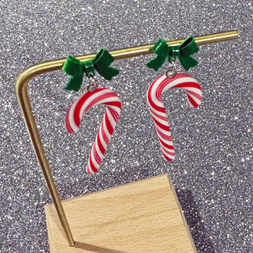 Christmas Candy Cane Earrings | Holiday Earrings | Green Bow Earrings | Cincinnati Jewelry Designer | FENNO FASHION