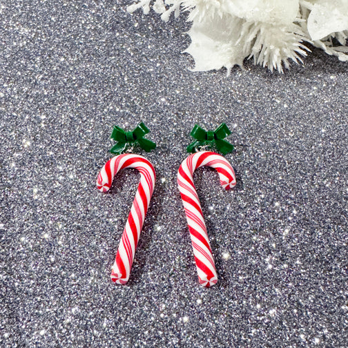 Christmas Candy Cane Earrings | Holiday Earrings | Green Bow Earrings | Cincinnati Jewelry Designer | FENNO FASHION