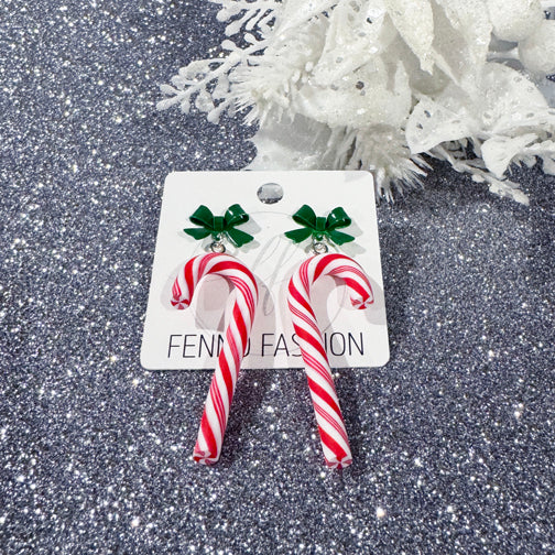 Christmas Candy Cane Earrings | Holiday Earrings | Green Bow Earrings | Cincinnati Jewelry Designer | FENNO FASHION
