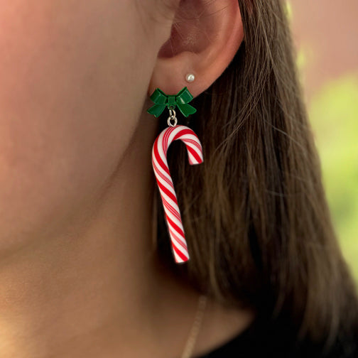 Christmas Candy Cane Earrings | Holiday Earrings | Green Bow Earrings | Cincinnati Jewelry Designer | FENNO FASHION