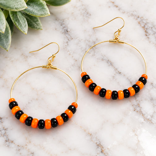 Cincinnati Bengals Earrings | Black and Orange Beaded Hoop Earrings | Orange and Black Earrings | Beaded Hoop Earrings | FENNO FASHION