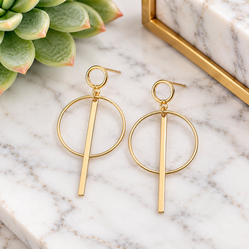 Circle Circle Bar Dangling Post Earrings (SILVER OR GOLD)