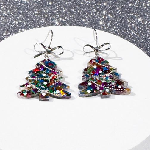 Colorful Christmas Earrings | Holiday Earrings | Christmas tree earrings with a dainty bow on top | FENNO FASHION | Christmas Tree Earrings 