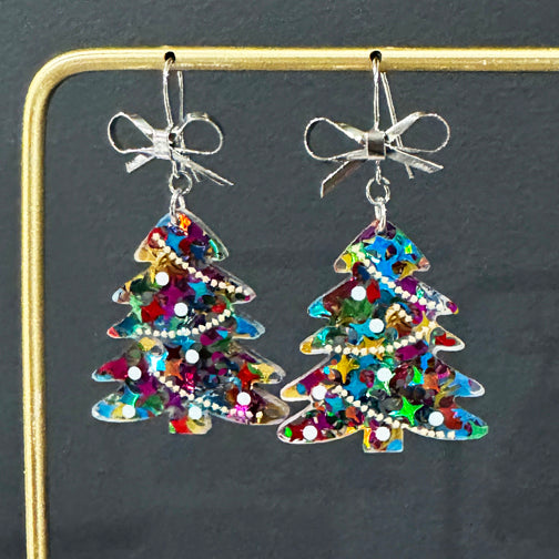 Colorful Christmas Earrings | Holiday Earrings | Christmas tree earrings with a dainty bow on top | FENNO FASHION | Christmas Tree Earrings 
