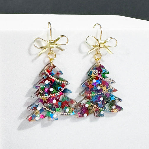 Colorful Christmas Earrings | Holiday Earrings | Christmas tree earrings with a dainty bow on top | FENNO FASHION | Christmas Tree Earrings 