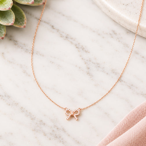 Dainty Crystal Bow Necklace | Tiny Rose Gold Bow Necklace | FENNO FASHION