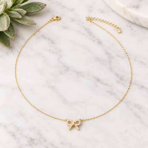 Dainty Crystal Bow Necklace | Tiny Rose Gold Bow Necklace | FENNO FASHION