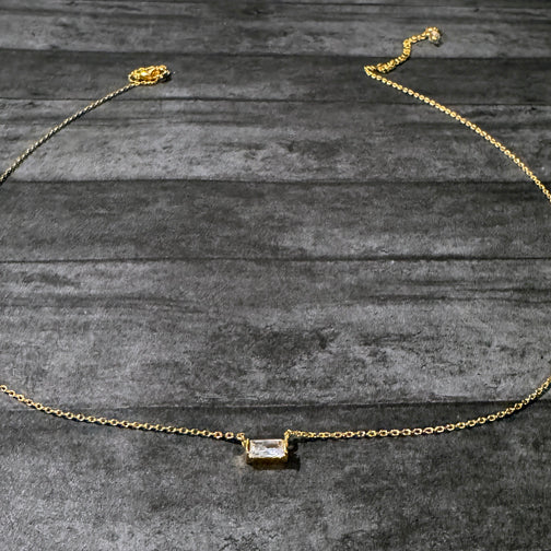Dainty Rectangle Crystal Necklace| Gold Dainty Necklace | Gold Rectangle Pendant Necklace | Gold Minimalist Necklace | FENNO FASHION