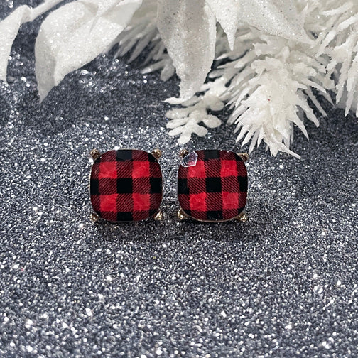 Red & Black Plaid Earrings | Christmas Earrings | Plaid Studs | Christmas Plaid Earrings | FENNO FASHION