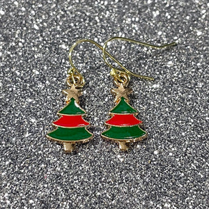 Red & Green Tiny Trees Golden Christmas Tree Earrings