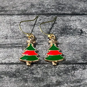 Red & Green Tiny Trees Golden Christmas Tree Earrings