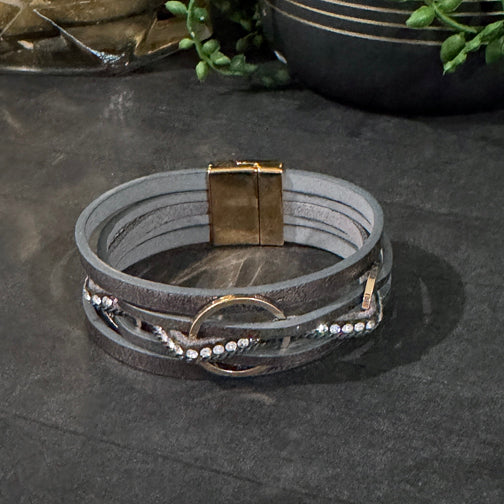 Gray Leather Wrap Bracelet | Gold Magnetic Clasp Bracelet | FENNO FASHION