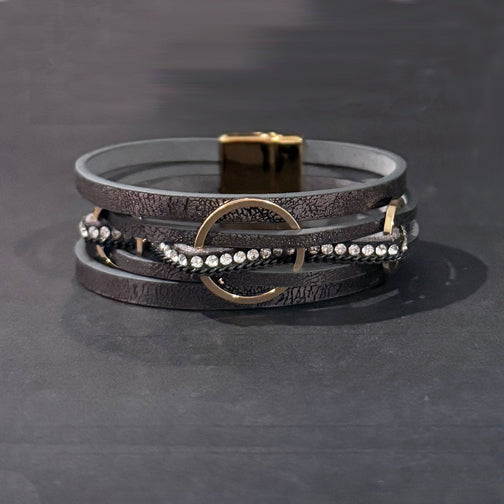 Gray Leather Wrap Bracelet | Gold Magnetic Clasp Bracelet | FENNO FASHION