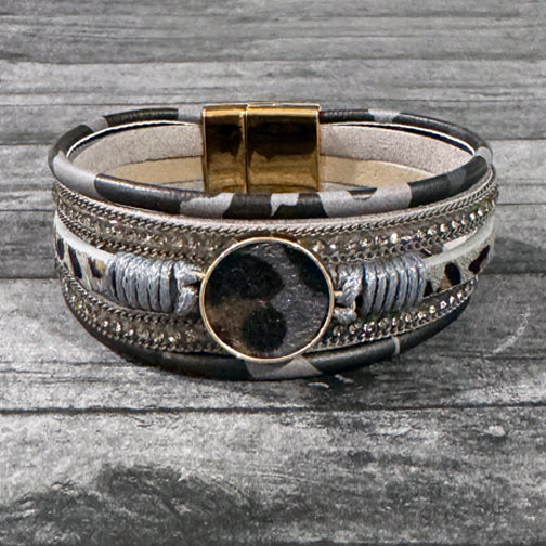 Gray Leopard Faux Fur Leather Wrap Magnetic Bracelet | FENNO FASHION