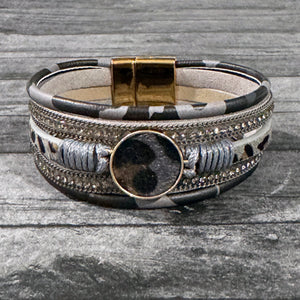 Gray Leopard Faux Fur Leather Wrap Magnetic Bracelet | FENNO FASHION
