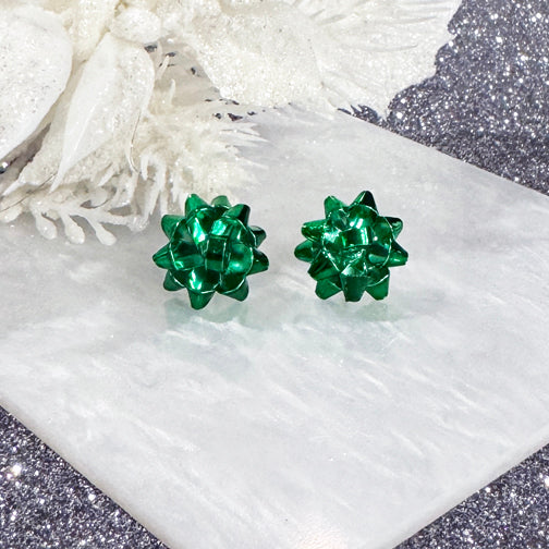 Green Christmas Present Bow Stud Earrings | Green Bow Earrings  | FENNO FASHION | Christmas Jewelry | Christmas Earrings 