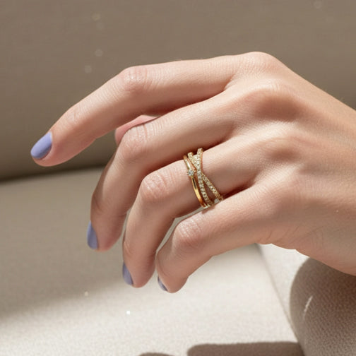 Layered Dainty Crystal Ring | Gold Adjustable Stacking Ring | Cincinnati Jewelry Designer | FENNO FASHION