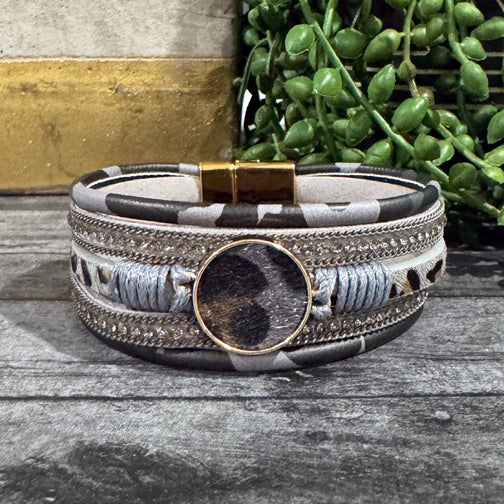 Leopard Faux Fur Gray Leather Wrap Bracelet | FENNO FASHION | 1