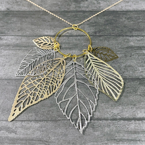 Mixed Metal Leaves Necklace | Pendant Necklace | Fall Jewelry | Leaf Necklace | FENNO FASHION