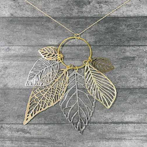 Mixed Metal Leaves Necklace | Pendant Necklace | Fall Jewelry | Leaf Necklace | FENNO FASHION