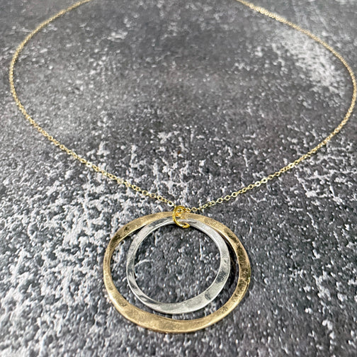 Mixed Metal Pendant Necklace | Hammered Metal Necklace | Circle Necklace | Mixed Metal Jewelry | FENNO FASHION