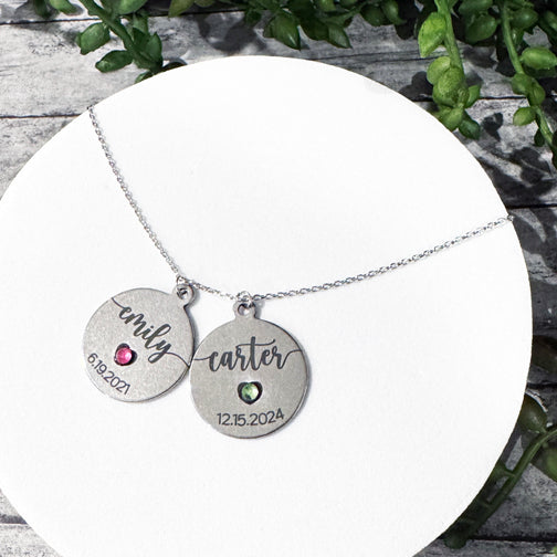 Name and Birthdate Custom Laser Engraved Necklace | Birthstone Necklace | Grandmother Gift | Custom Laser Engraved Jewelry | FENNO FASHION | Cincinnati Jewelry Designer 
