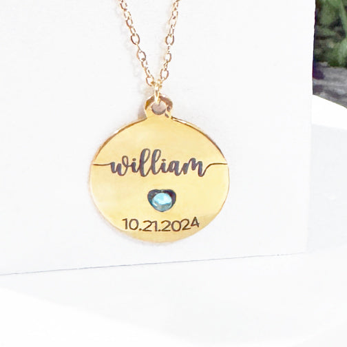 Name and Birthdate Custom Laser Engraved Necklace | Birthstone Necklace | Grandmother Gift | Custom Laser Engraved Jewelry | FENNO FASHION | Cincinnati Jewelry Designer 