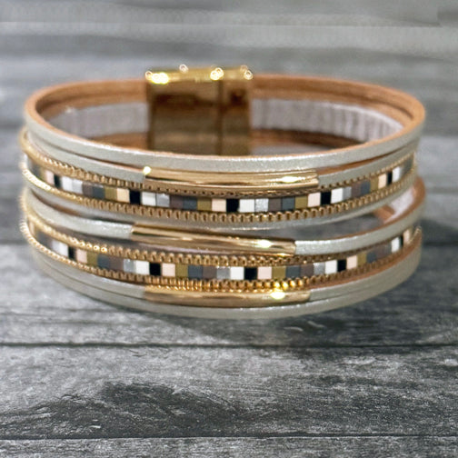 Neutral Metallic Leather Wrap Bracelet | FENNO FASHION | Gray Leather Magnetic Clasp Bracelet | Magnetic Bracelet 