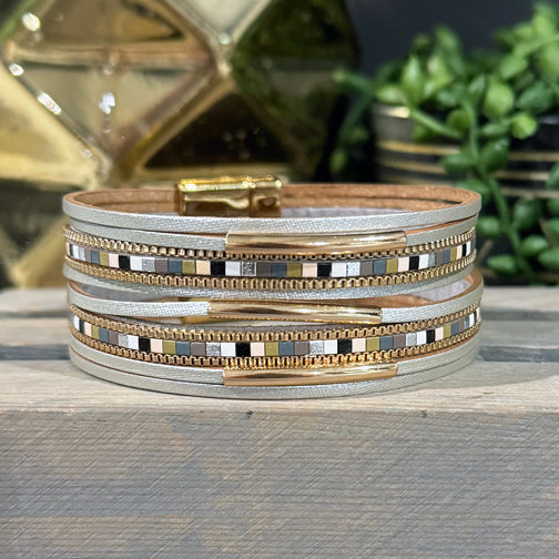 Neutral Metallic Leather Wrap Bracelet | FENNO FASHION | Gray Leather Magnetic Clasp Bracelet | Magnetic Bracelet 