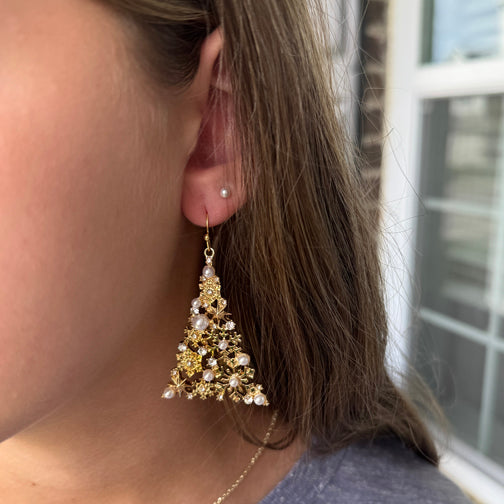 Pearl and Crystal Christmas Tree Earrings | Gold Christmas Tree Earrings | Christmas Jewelry | Holiday Jewelry | FENNO FASHION