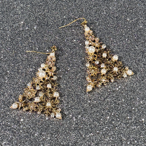Pearl and Crystal Christmas Tree Earrings | Gold Christmas Tree Earrings | Christmas Jewelry | Holiday Jewelry | FENNO FASHION