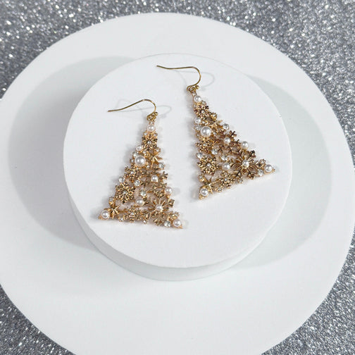 Pearl and Crystal Christmas Tree Earrings | Gold Christmas Tree Earrings | Christmas Jewelry | Holiday Jewelry | FENNO FASHION