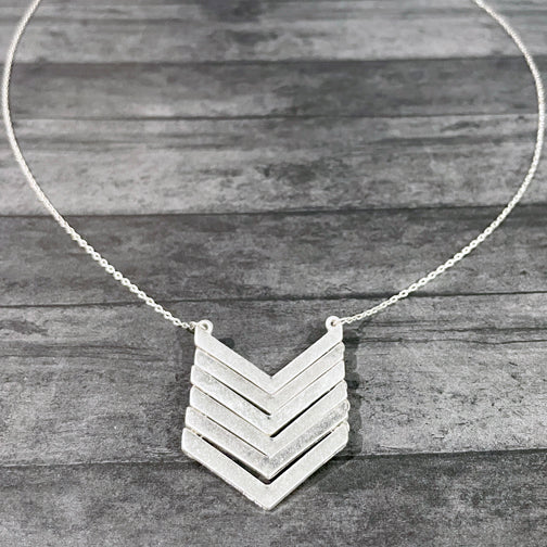 Matte Metal Silver Chevron Pendant Necklace