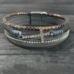 アクセサリー Mexican Modern Cross Silver925 Bracelet SilverCrystalCrossLeatherWrapB