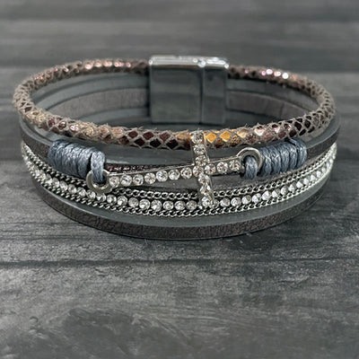 SilverCrystalCrossLeatherWrapB