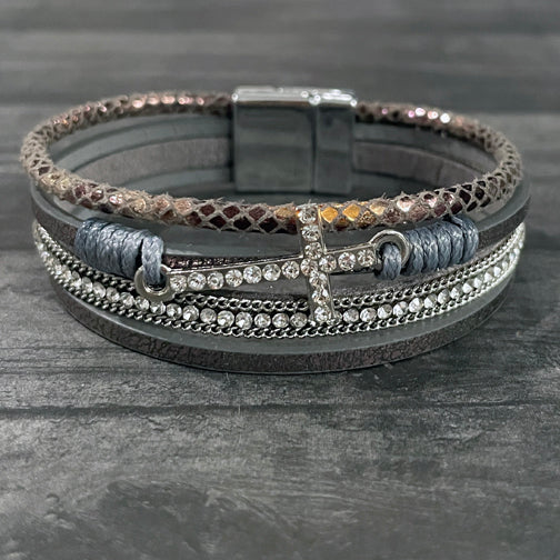 Silver Cross Bracelet | Gray Leather Wrap Bracelet | FENNO FASHION